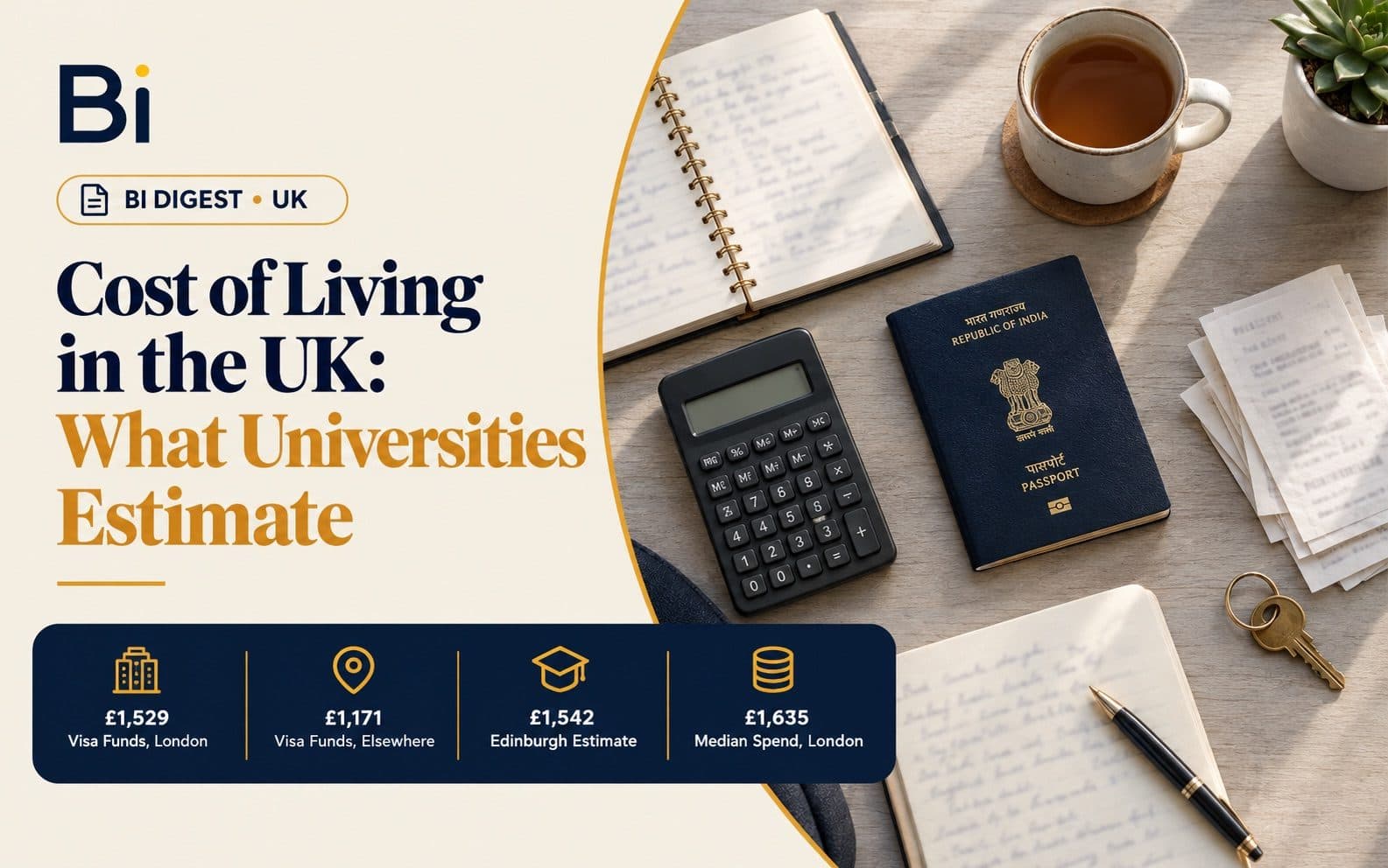 A notebook, calculator and passport laid on a desk, representing budgeting living costs for studying in the UK