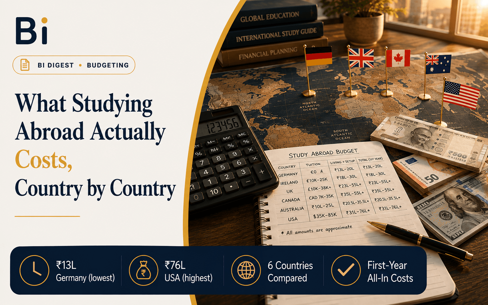 Editorial cover graphic comparing study-abroad costs by country, showing a world map with national flags, a calculator, and a handwritten budget notebook