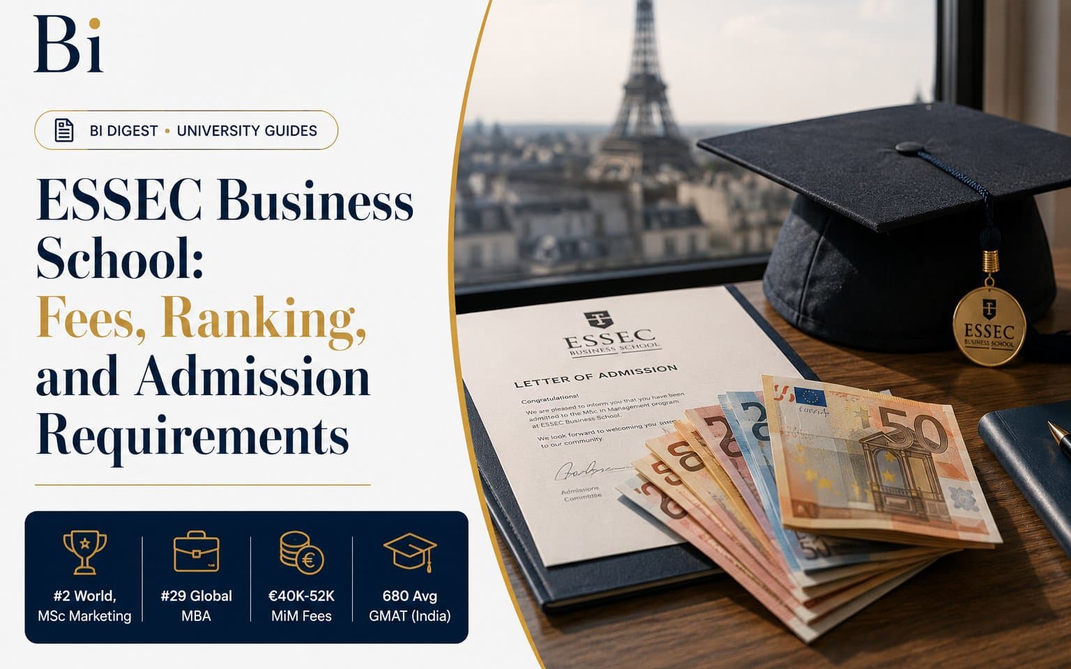 Editorial cover graphic on ESSEC Business School, showing a graduation cap, euro banknotes, and a QS ranking chart against a Paris skyline motif