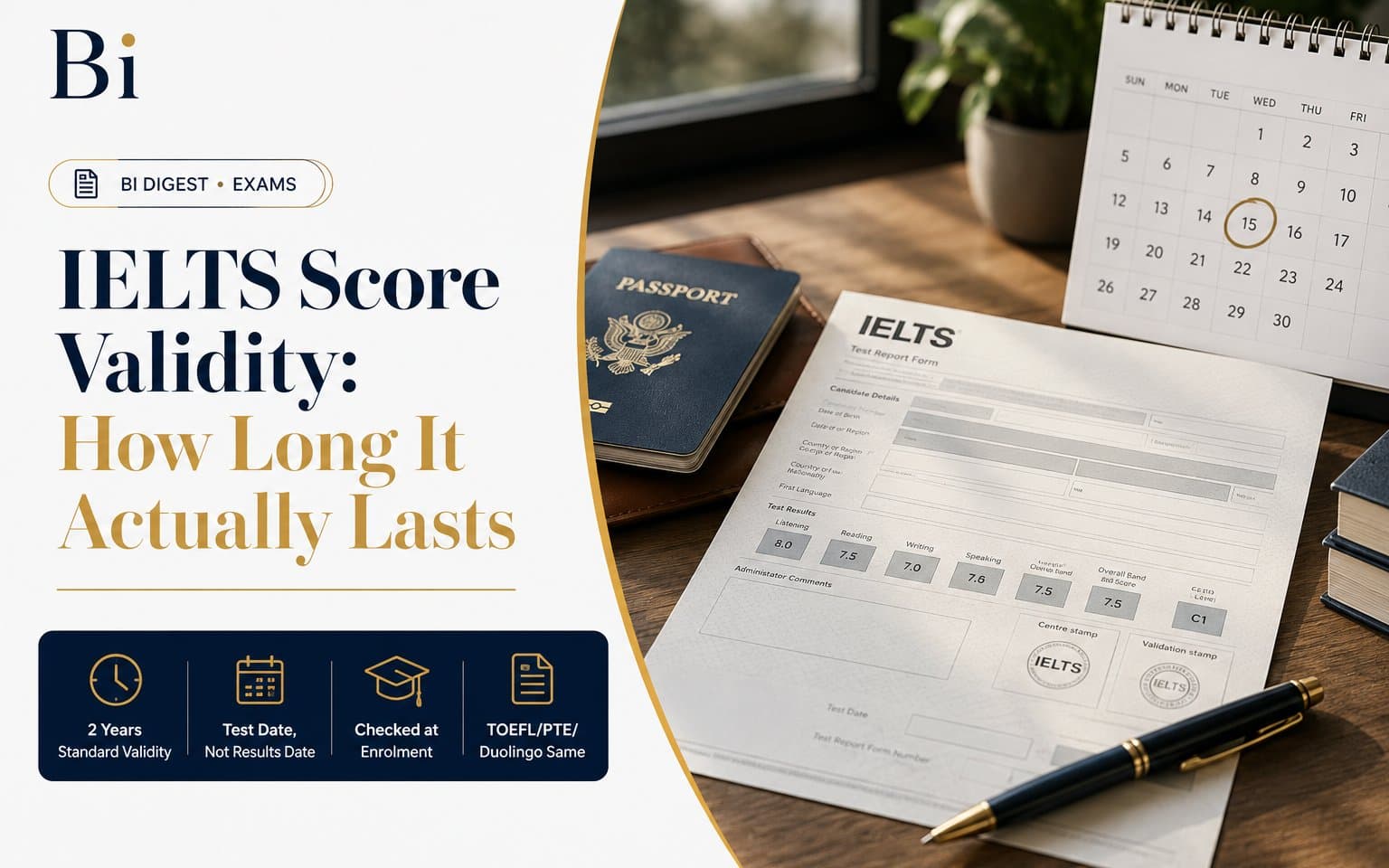 Editorial cover graphic on IELTS score validity, showing an IELTS Test Report Form, a calendar counting down two years, and a magnifying glass over an expiry date