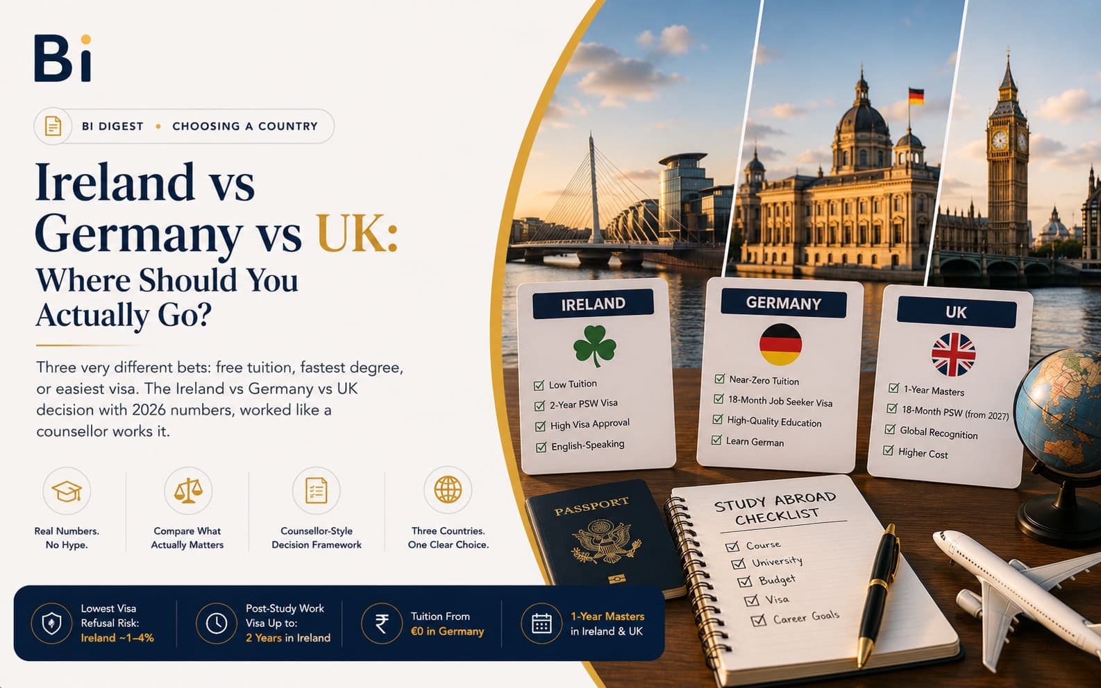 Editorial graphic comparing Ireland, Germany, and the UK for study abroad, with a passport, notebook, and country comparison cards laid out on a desk