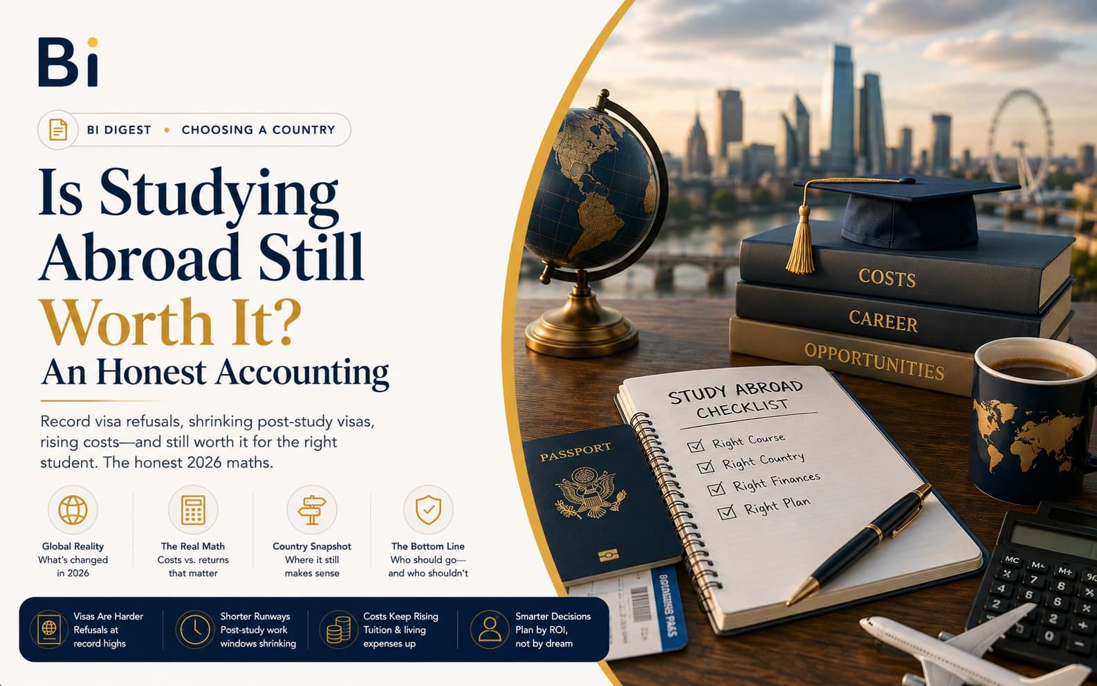 Editorial graphic showing a study abroad checklist, passport, boarding pass, and graduation cap on a desk overlooking a city skyline