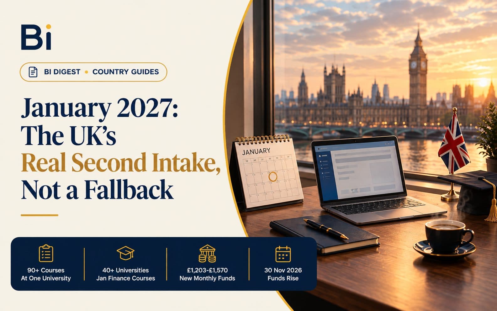 Editorial cover graphic on the UK January 2027 intake, showing a desk calendar turned to January, a laptop, a graduation cap and a UK flag in front of the London skyline at sunset