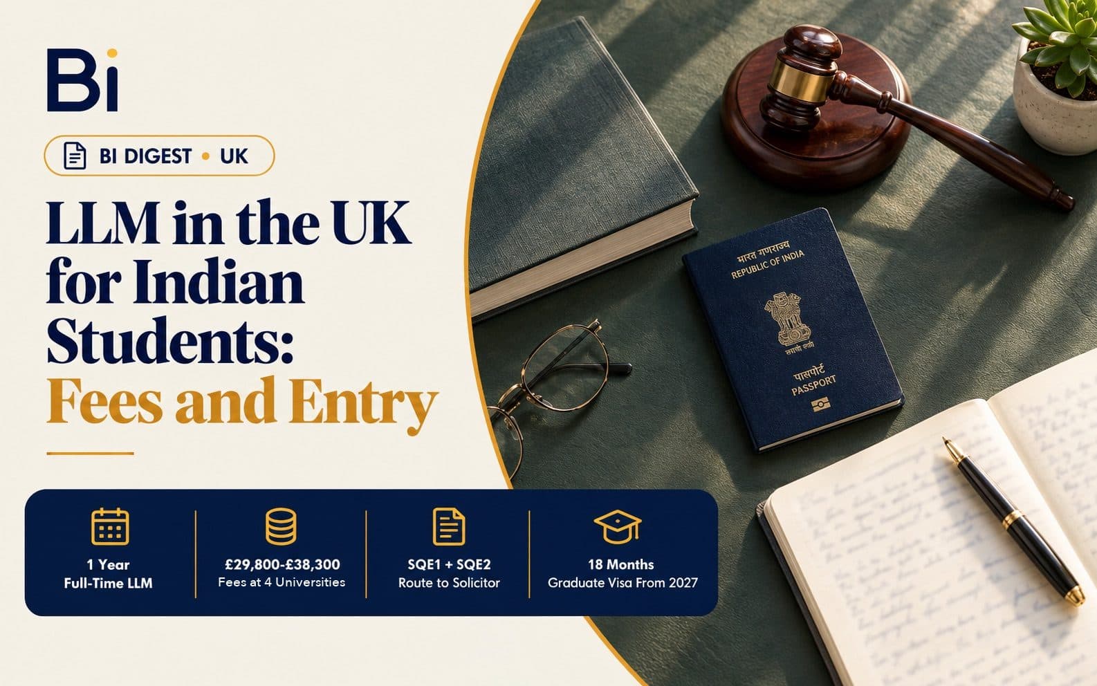 A closed law book, fountain pen and passport laid on a desk beside reading glasses, representing studying for an LLM in the UK