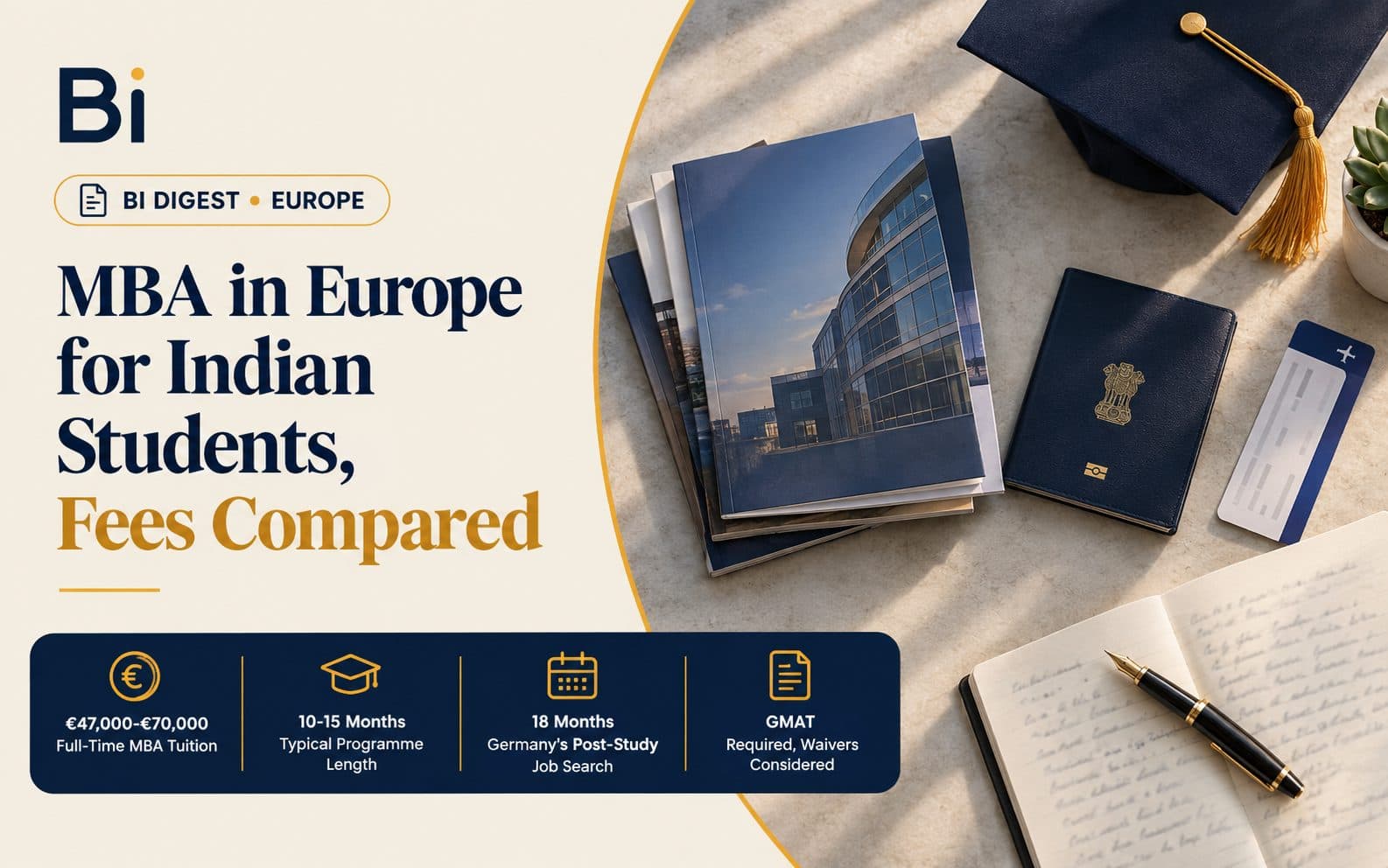 A stack of European business school prospectuses beside a passport and a laptop showing tuition fee pages