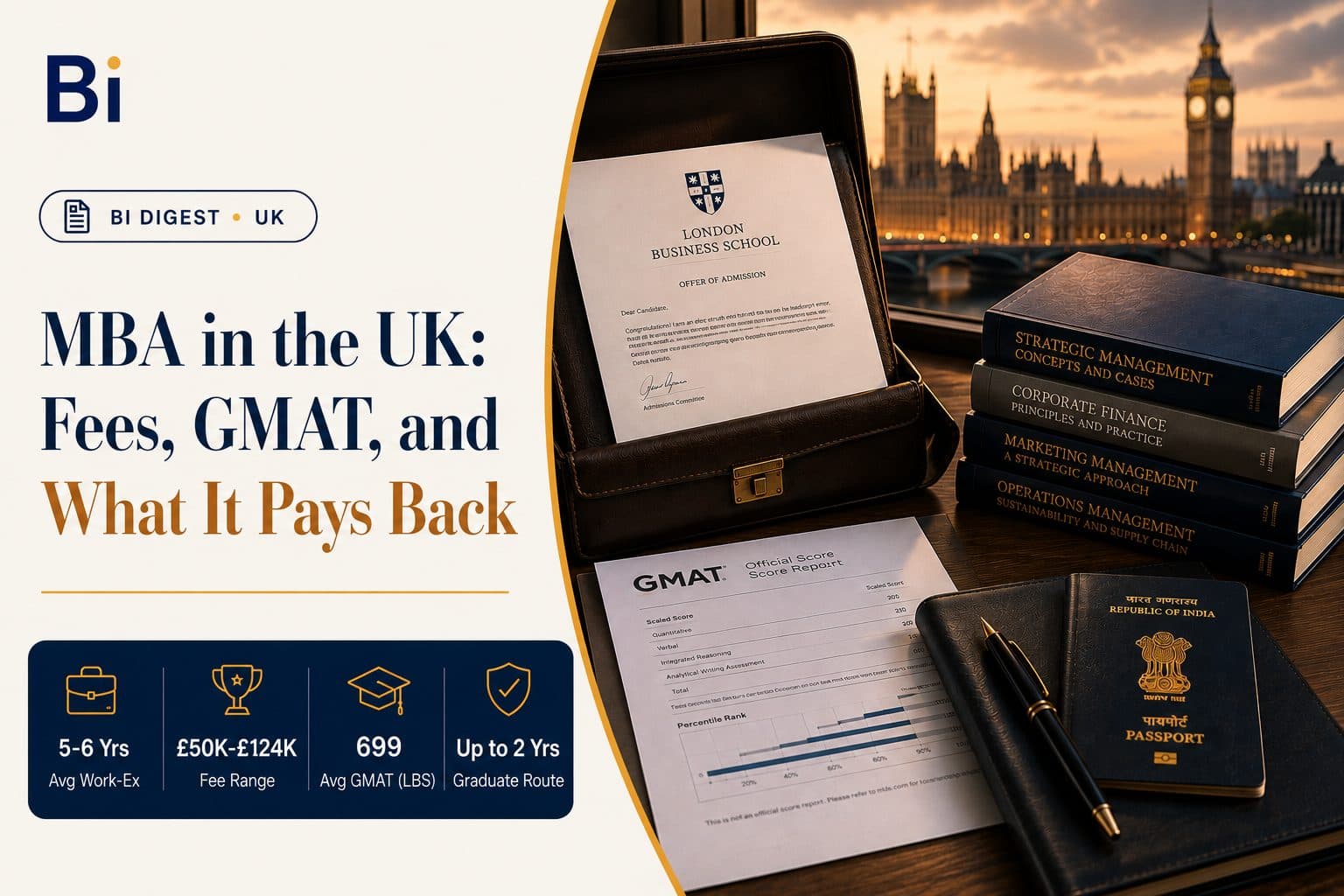 Editorial cover graphic on the UK MBA, showing a London Business School offer of admission inside an open briefcase, a GMAT score report, business textbooks, and an Indian passport, with the London skyline and Big Ben in the background