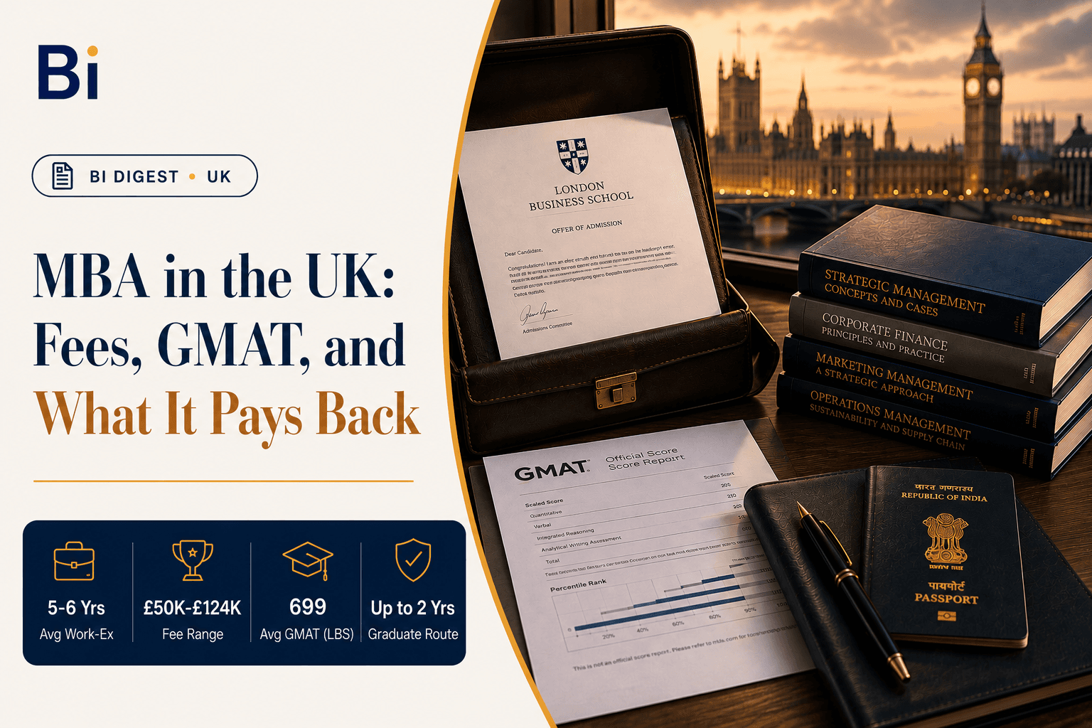 Editorial cover graphic on the UK MBA, showing a London Business School offer of admission inside an open briefcase, a GMAT score report, business textbooks, and an Indian passport, with the London skyline and Big Ben in the background