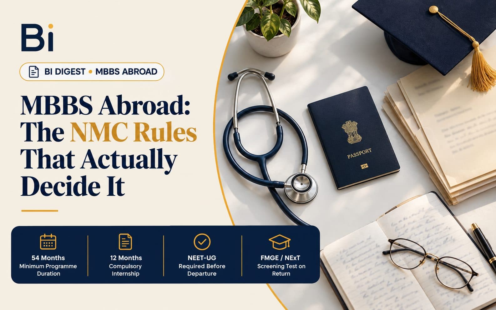 A stethoscope and Indian passport laid beside a laptop showing a medical school admissions page