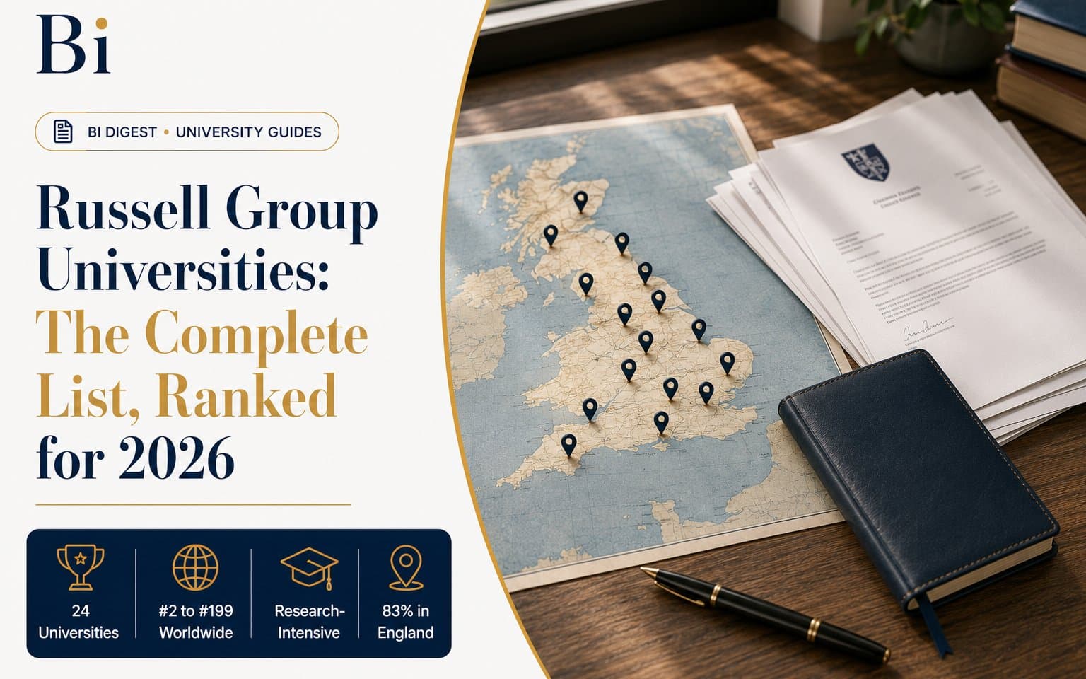Editorial cover graphic listing the 24 Russell Group universities with a UK map and QS ranking chart