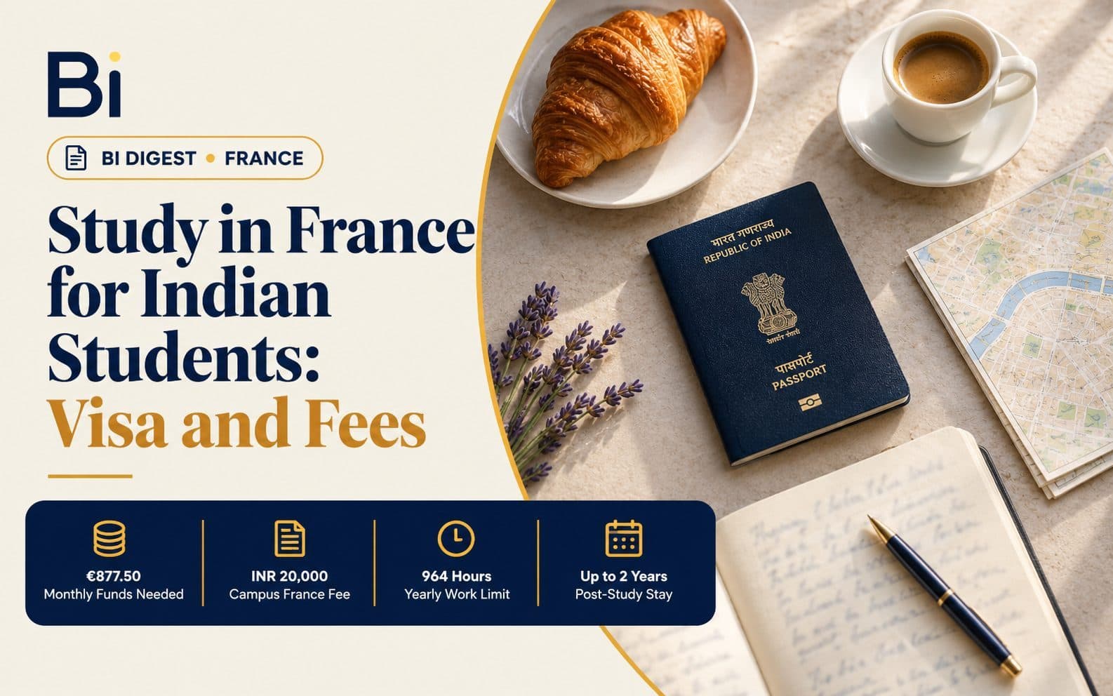 A passport, a croissant on a small plate, a folded map and a notebook laid on a desk, representing studying in France