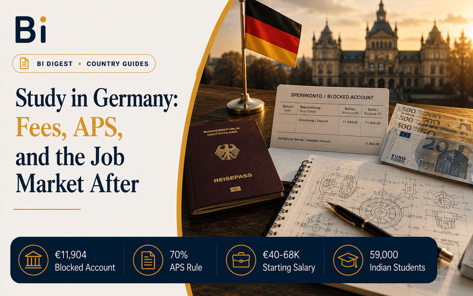 Editorial cover graphic on studying in Germany, showing a German passport, a blocked account statement with Euro banknotes, and an engineering notebook on a desk