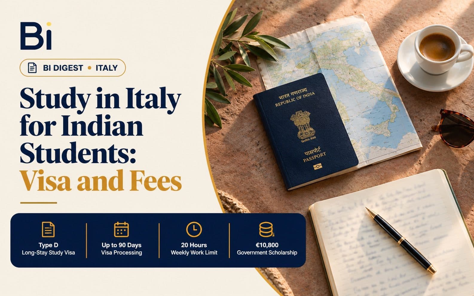 A passport, folded map and espresso cup laid on a desk, representing studying in Italy