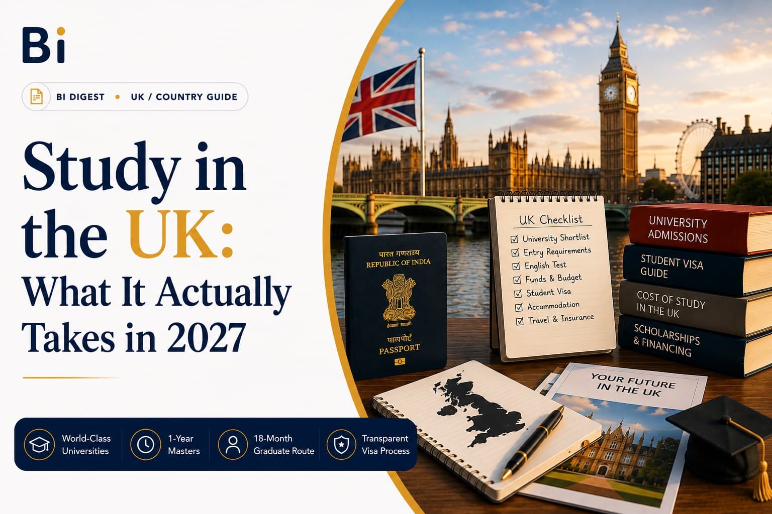 Editorial graphic on studying in the UK in 2027, showing an Indian passport, a UK checklist notebook, university admissions books, and Westminster in the background