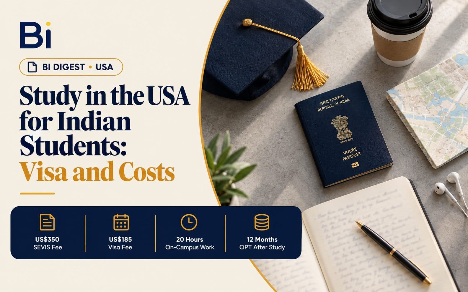 A passport, a graduation cap and a notebook laid on a desk beside a small paper map, representing studying in the USA