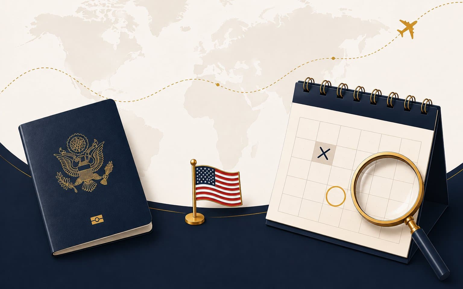 Editorial graphic on the August 2026 US visa appointment pause, showing a US passport and consular appointment calendar with a magnifying glass distinguishing immigrant from student visas