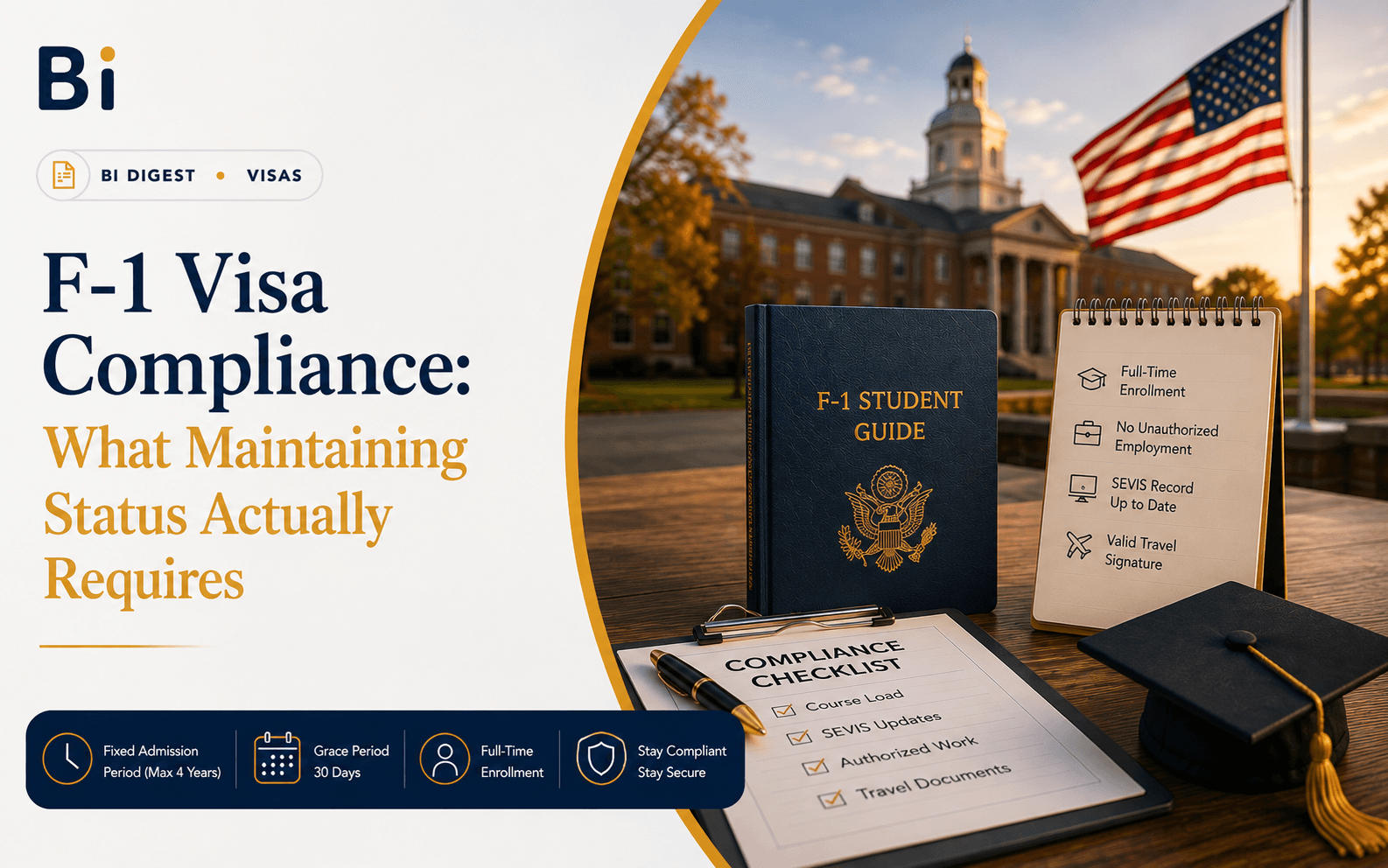 Editorial cover graphic on F-1 visa compliance, showing an F-1 Student Guide book, compliance checklist, and graduation cap on a campus desk