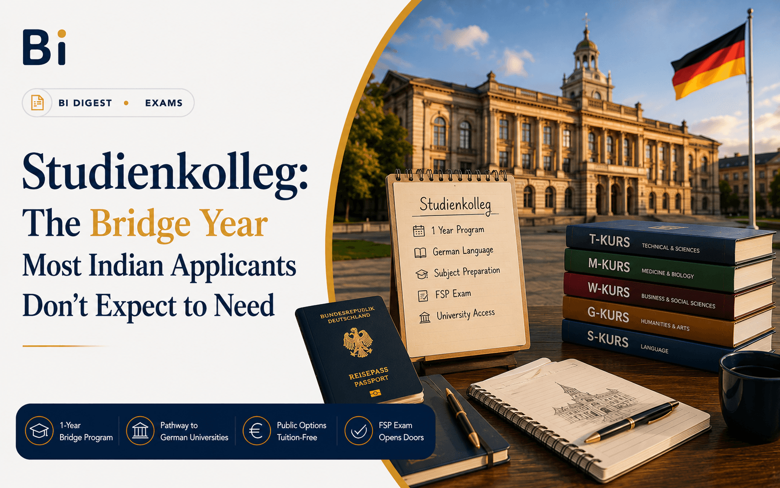 Editorial cover graphic on Studienkolleg in Germany, showing a German passport, course-track notes, and a German university building