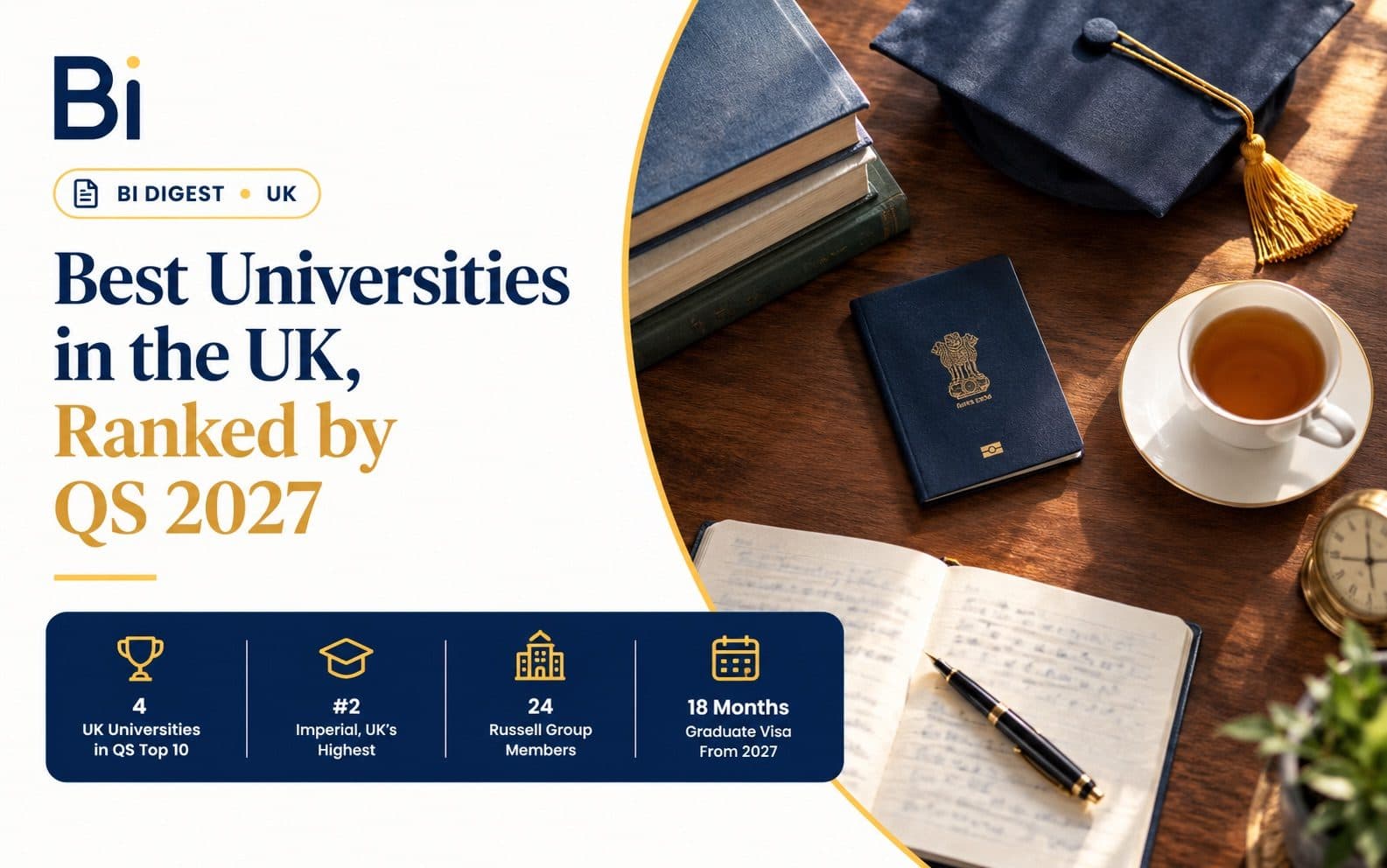 A stack of books, a graduation cap and a passport laid on a dark desk, representing choosing a top UK university