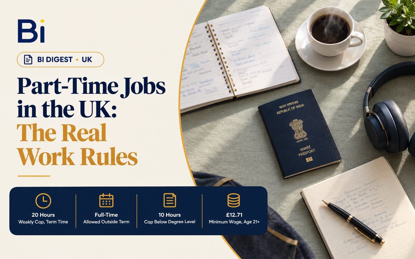 A planner, passport and coffee cup laid on a desk, representing working part-time while studying in the UK