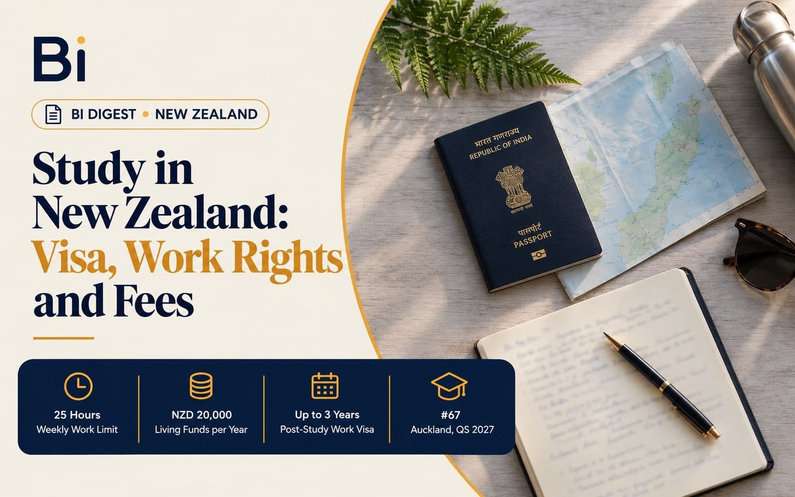 A passport, folded map and notebook laid on a desk beside a green fern frond, representing studying in New Zealand